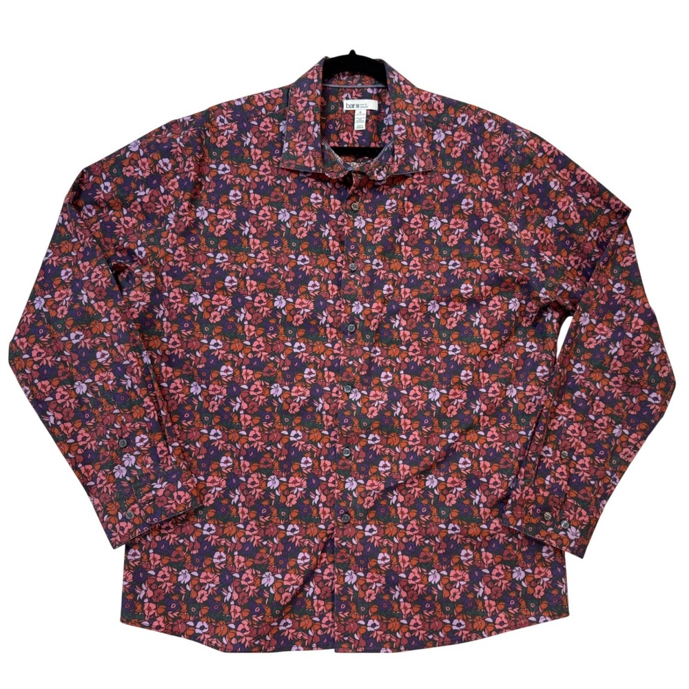 Bar III Button Down Shirt Mens XL Burgundy Floral Excellent Slim Fit Stretch